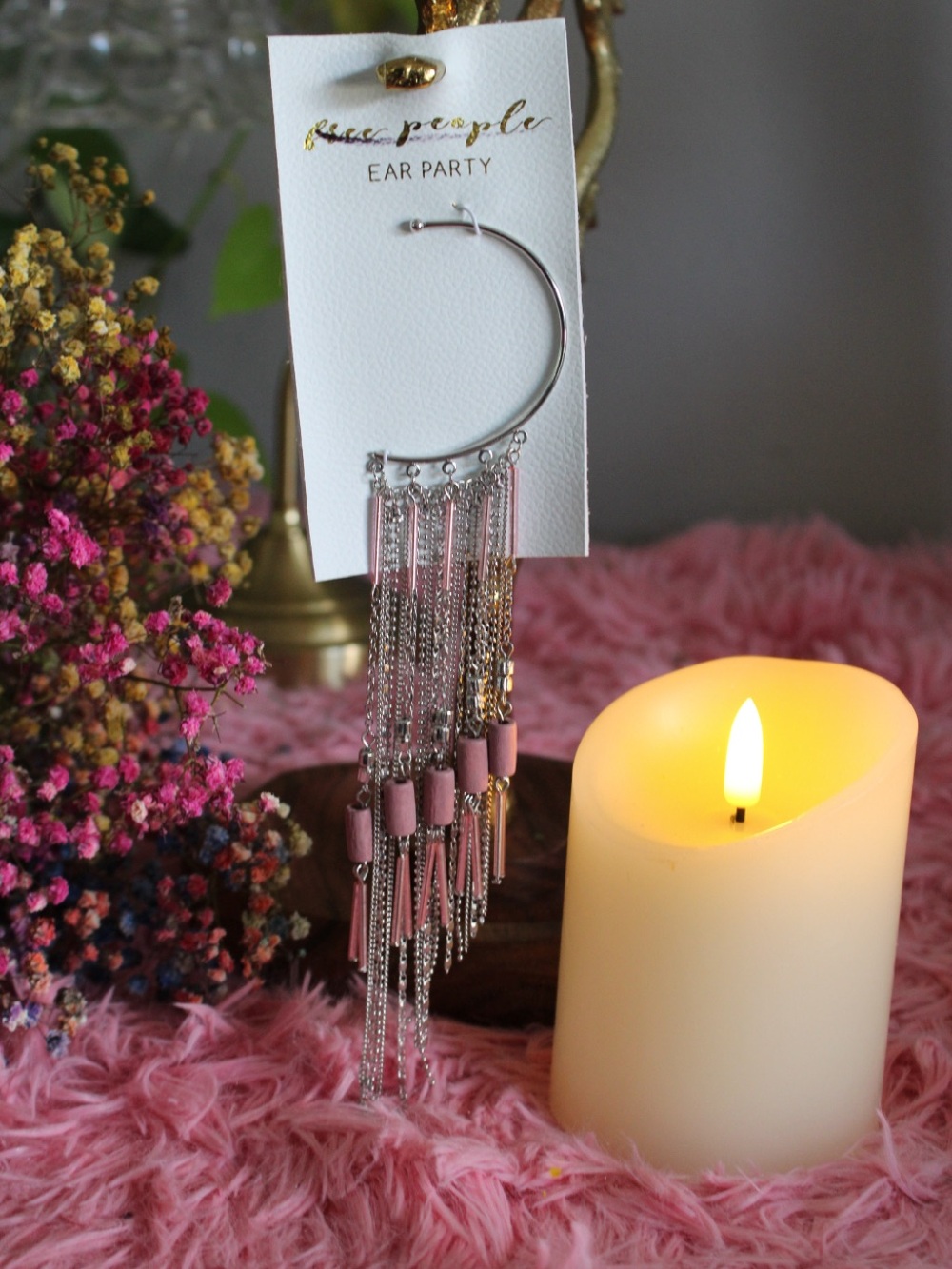Free People Ear Party Silver Chain Fringe Statement Hoop Earring